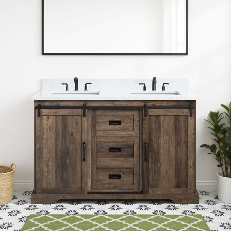 Ensemble de meuble-lavabo double 54 po Cayden, Canella brun, Blanc de Carrare