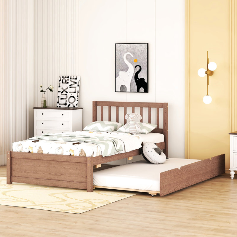 Lit simple de couleur noyer avec lit gigogne - Design moderne et économie d'espace