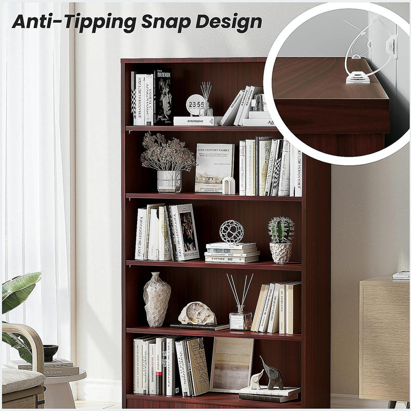 5 Tier Bookcase Modern Wood Bookshelf, Mahogany