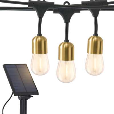 Glow Series 28 ft. Outdoor Solar LED String Lights with 12 Warm White G40 Bulbs, Hanging Brass Sockets, Weatherproof, Commercial-Grade Cord