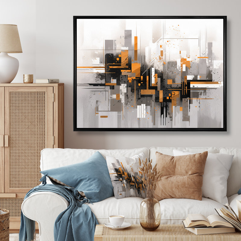 Rayures orange, orange et gris, H 34 po x l 44 po x P 1,5 po, Cadre flottant noir