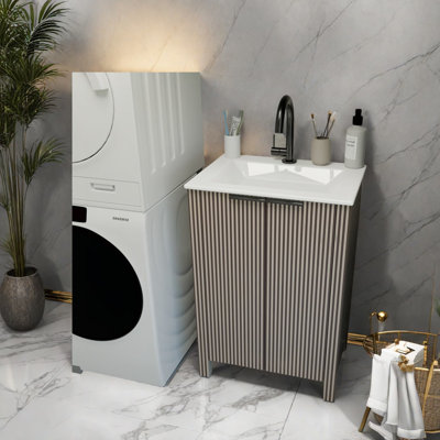 Ensemble de meuble-lavabo moderne brun avec lavabo en résine blanche pour salle de bain