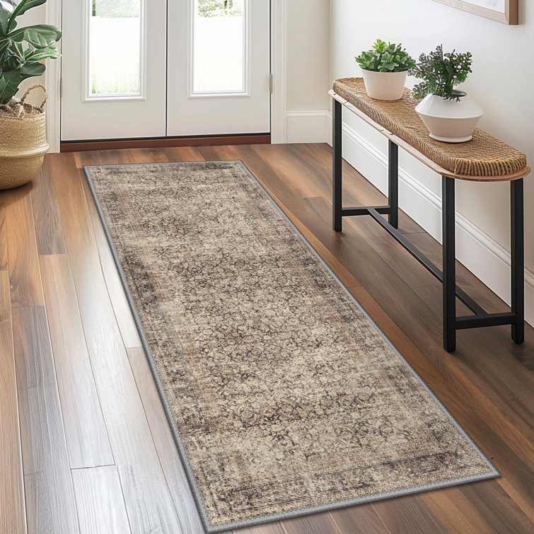 Vintage Distressed Oriental Washable Non-Slip Neutral Gray / Sage Indoor Area Rug