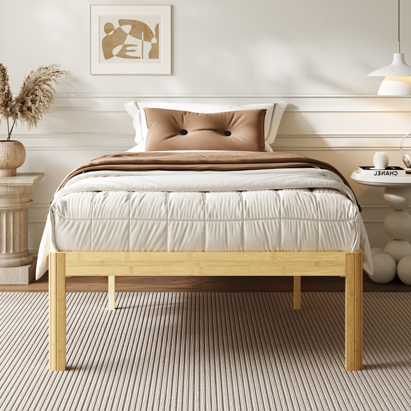 Cadre de lit plateforme robuste en bambou de 45 cm (18 po), structure en bois massif avec sommier à lattes métalliques, aucun sommier requis, silencieux