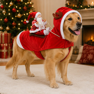 Christmas Santa Rider Dog Costume with Reindeer Hood, Funny 3D Plush Santa Claus Riding Pet Cosplay Outfit, Warm Xmas Holiday Dress Up Vest for Medium Large Dogs