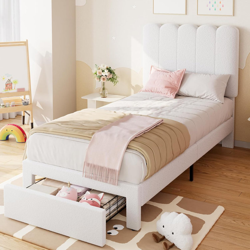 Twin Bed Frame with Storage Drawer and Headboard, Velvet Upholstered Twin Platform Bed Frame Strong Wooden Slats Support, Noise-Free, Easy Assembly