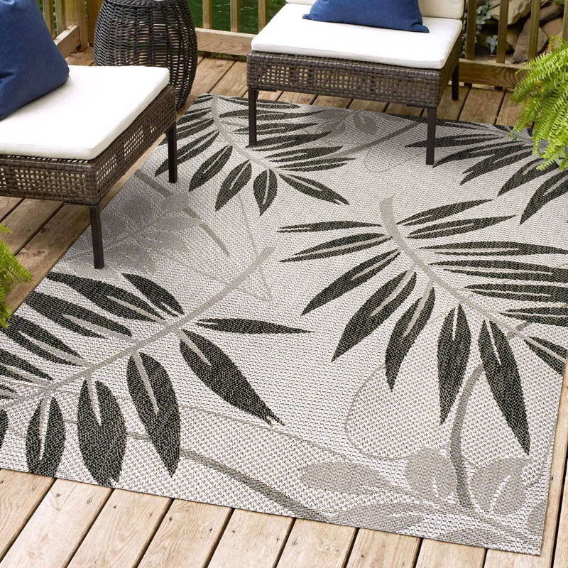 Roxby Tropical Palm Leaf Gray/Black Indoor/Outdoor Rug, Rectangle 3'11" x 6'