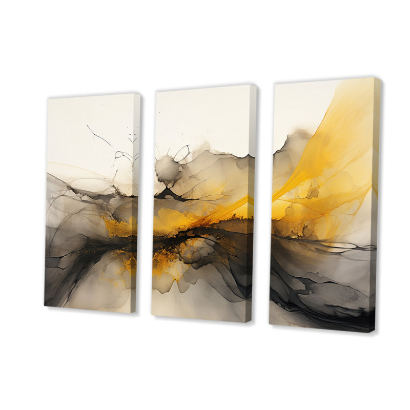 Paysages de rêves vagues rétro jaune noir I - impression sur toile tendue 3 pièces, H 40 po x l 60 po x P 1 po