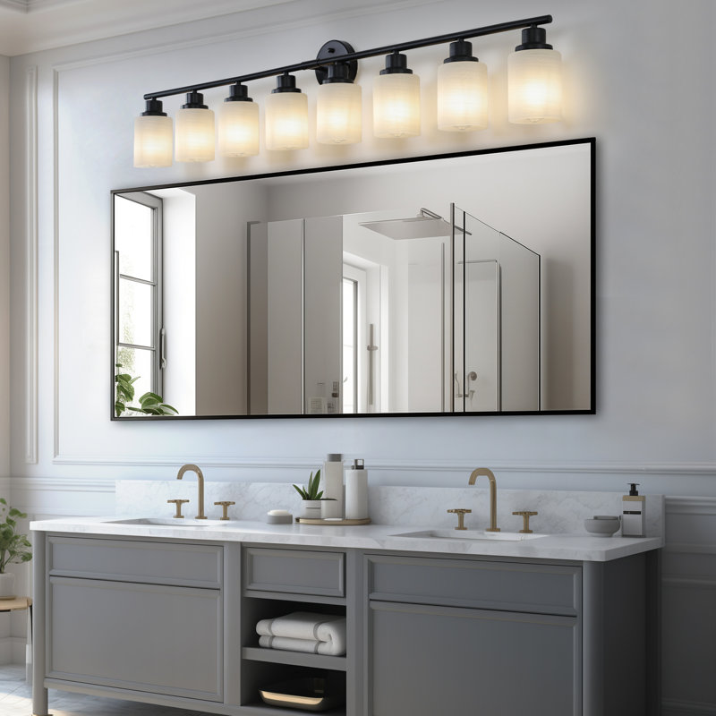 Contemporary 8- Vanity For Bathroom, Bedroom, Dressing Room, Frosted White Glass, Black Iron Frame, Energy Efficient, Install Without Hassle Mirror Lamp Effortless Installation Command