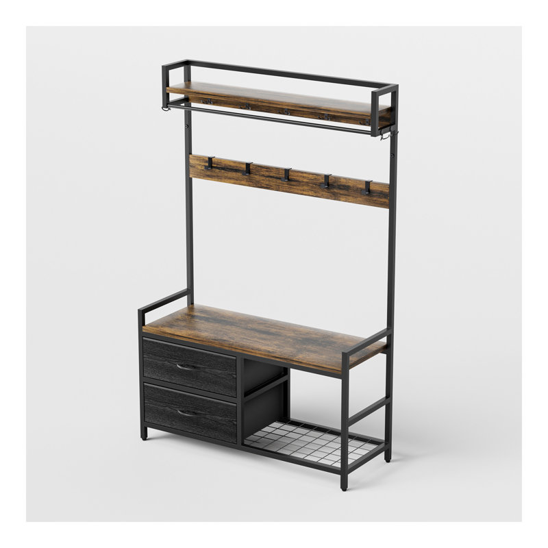 33.1" Wide Hall Tree With 2 Movable Drawers, Shoe Storage, Shelves And Garment Racks, 5-In-1 Entryway Bench With 23 Hooks