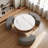 Modern Lift-Top Round Coffee Table With Hidden Storage, Walnut Veneer & Sintered Stone Top,3 Upholstered Nesting Ottomans, Space-Saving Design