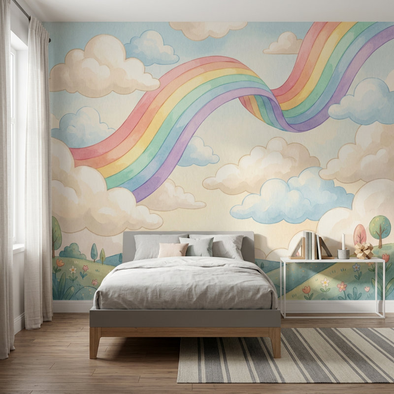 Papier peint pastel arc-en-ciel avec nuages fantaisistes, 120 po x 96 po, Peler et coller