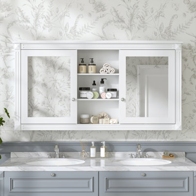55" Wall-Mount 2-in-1 Mirror Cabinet with Adjustable Shelves, Soft-Closing Hinges, High-Definition Mirrors, Medicine Cabinet for Bathroom, Living Room, Bedroom Storage Organizer, White