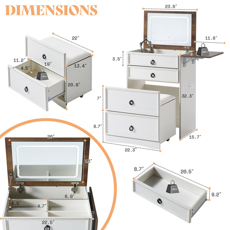  3-in-1 Small Farmhouse Makeup Vanity, Sliding Stool, Fold-up Panel, Divided Storage, White, White/Brown
