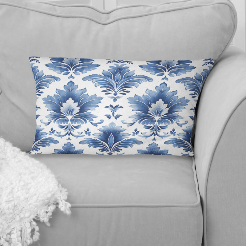 «Blue Whitetimeless Damask Glamour Art V» - Coussin lombaire transitionnel