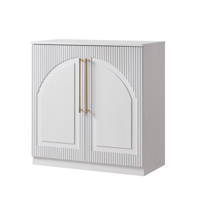 93" Modern White 3-Piece Sideboard Set – Glass Door Cabinet & Arched Fluted Cabinets With Brass Knurled Handles, Ash Veneer – Living & Dining Room