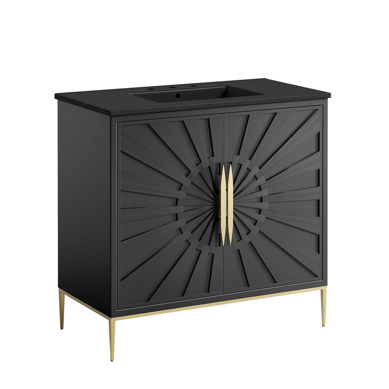 Modway Awaken 36" Black Solid Wood Bathroom Vanity with Gold Accents