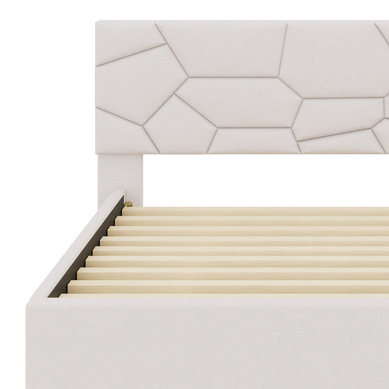 Upholstered Platform Bed With Brick Pattern Headboard And Trundle, Beige, Full