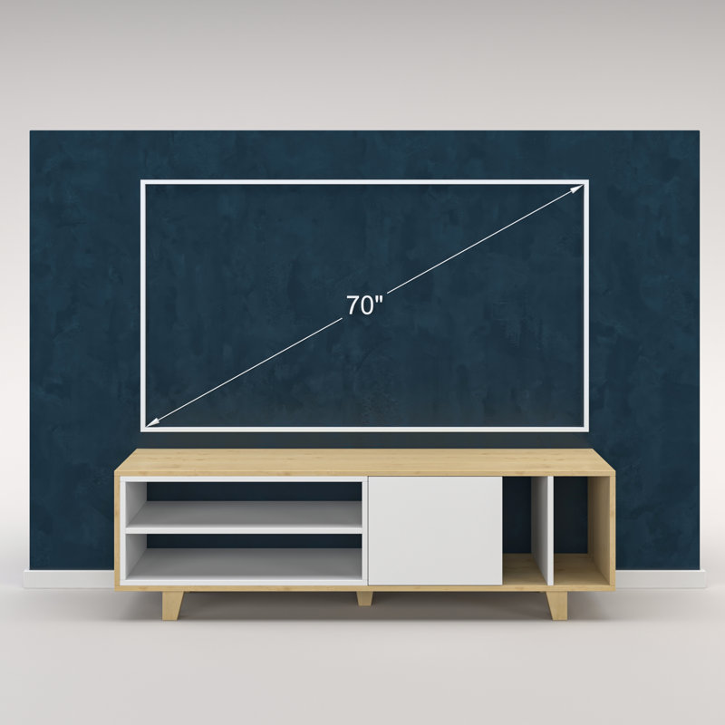 Meuble télé scandinave, chêne avec blanc, 63,0 po x 13,8 po x 19,1 po | 100% panneau de particules enduit de mélamine, épaisseur: 0,7 pouce | Comprend de nombreuses tablettes et une conception murale | Élégant et fonctionnel pour les salons modernes