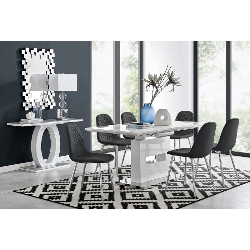 Alezzo Modern High Gloss Extendable Dining Table Set with 6 Luxury Faux Leather Dining Chairs, Black/Silver