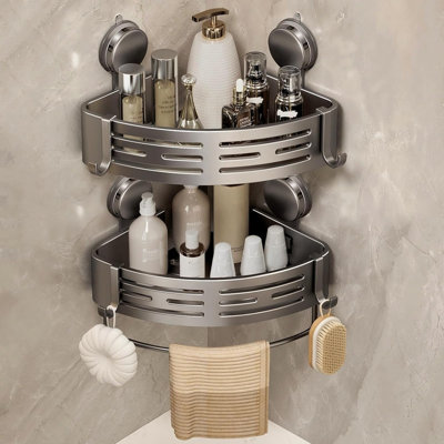 Ensemble de 2 paniers de douche d'angle avec ventouse, organisateur de salle de bain sans perçage avec tablettes, barre à serviettes et crochets, gris mat