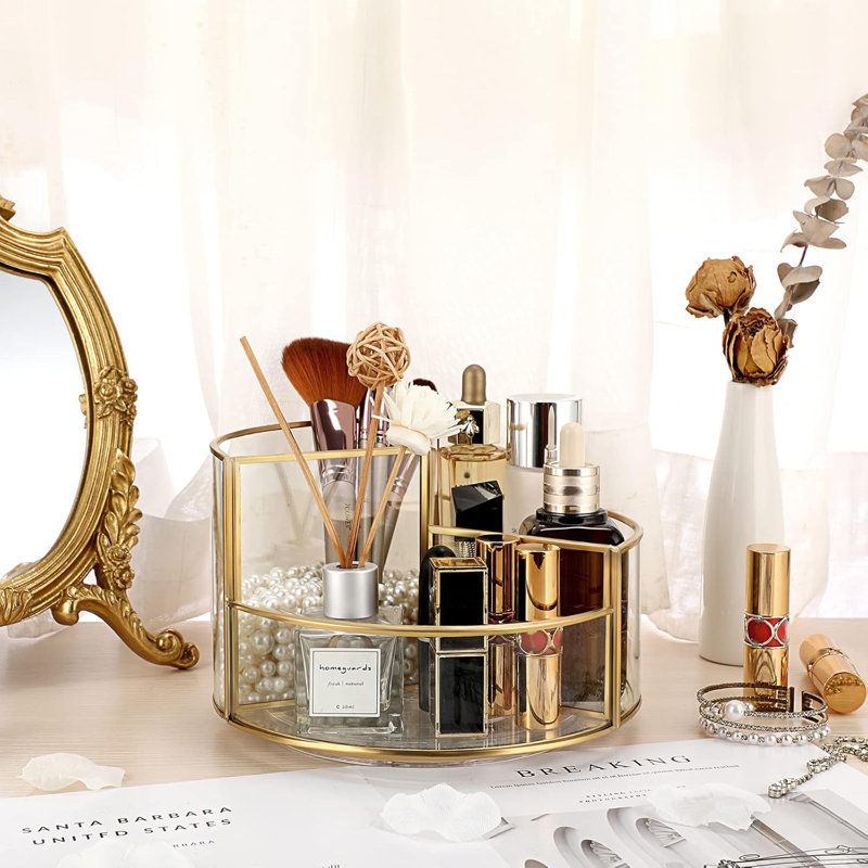 Organisateur de maquillage rotatif à 360 degrés avec cadre en métal transparent et doré - Présentoir à cosmétiques à 3 fentes pour meuble-lavabo, salle de bain ou commode