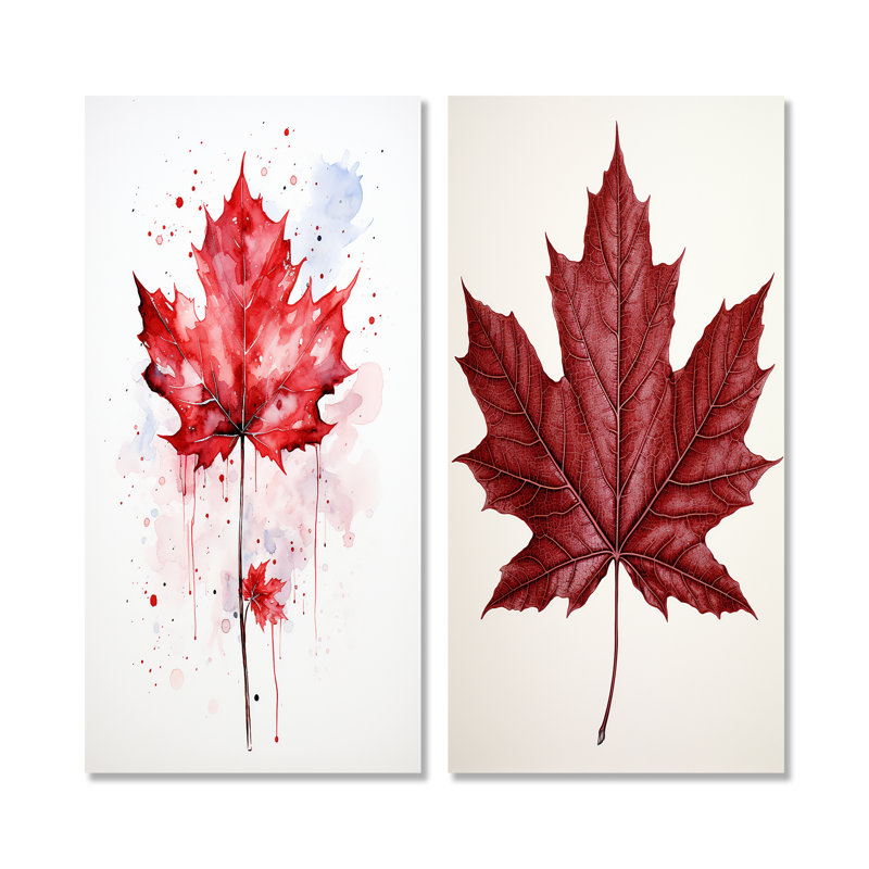 Red Maple Leaf Beauty I - ensemble de 2 décorations murales feuille d'érable, H 28 po x l 25 po, Toile tendue