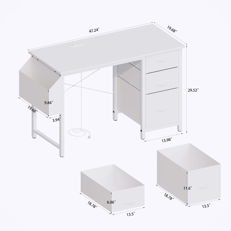Bureau de 47 po avec prise de courant, 3 tiroirs, poche latérale, bureau d'étude facile à assembler, stabilité de la structure réversible pour le bureau personnel, le bureau d'ordinateur de l'entreprise, la table de jeu, la coiffeuse