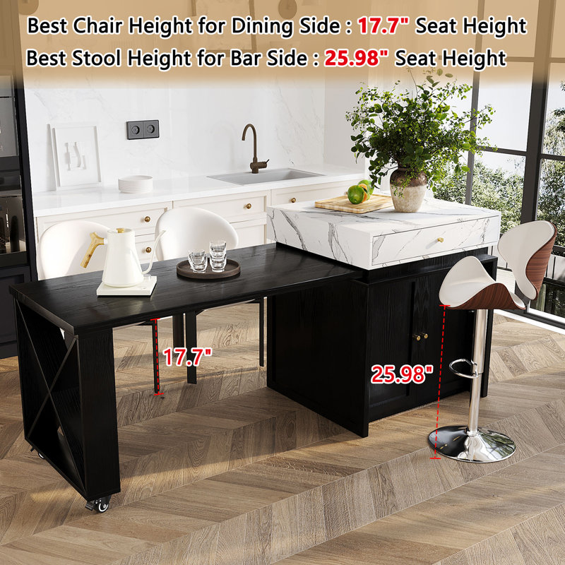 Îlot de cuisine extensible moderne avec table de bar, plateau en imitation marbre, porte-verres à pied et double tiroir, noir