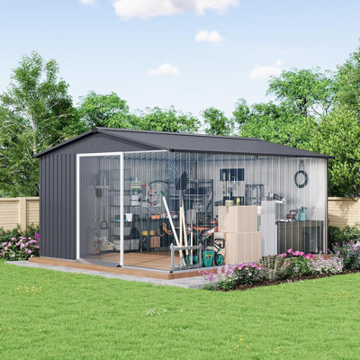 10x12 Ft Metal Storage Shed With Pitched Roof Lockable Door For Organizing Bike Lawn Mower Tools And Equipment