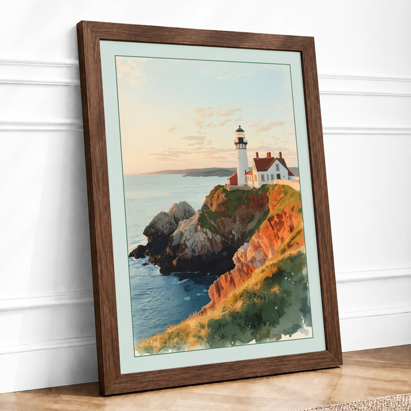 Lighthouse at Dawn Coastal - Framed Print, A1 - 84.1 x 59.4 cm, Walnut