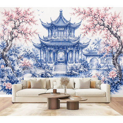 Peel and Stick Wallpaper Traditional Chinese Pavilion Garden Cherry Blossoms Koi Pond Blue Wall Murals 69"H x 96"W Removable PVC Wall Paper Self-Adhesive Wall Decor for Bedroom Home Office
