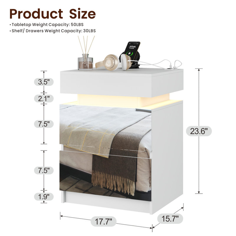 Ashten Modern Nightstand With 2 Mirrored Drawers And Motion Sensor, White