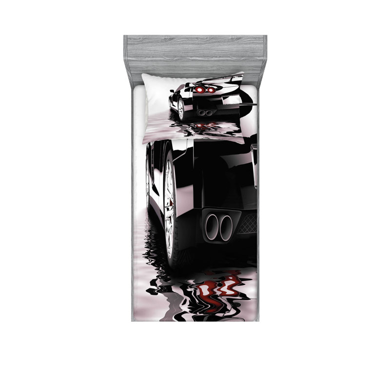 Drap-housse et taie décorative Ambesonne Cars noir rouge blanc, Ensemble de draps pour lit simple + 3 pièces supp