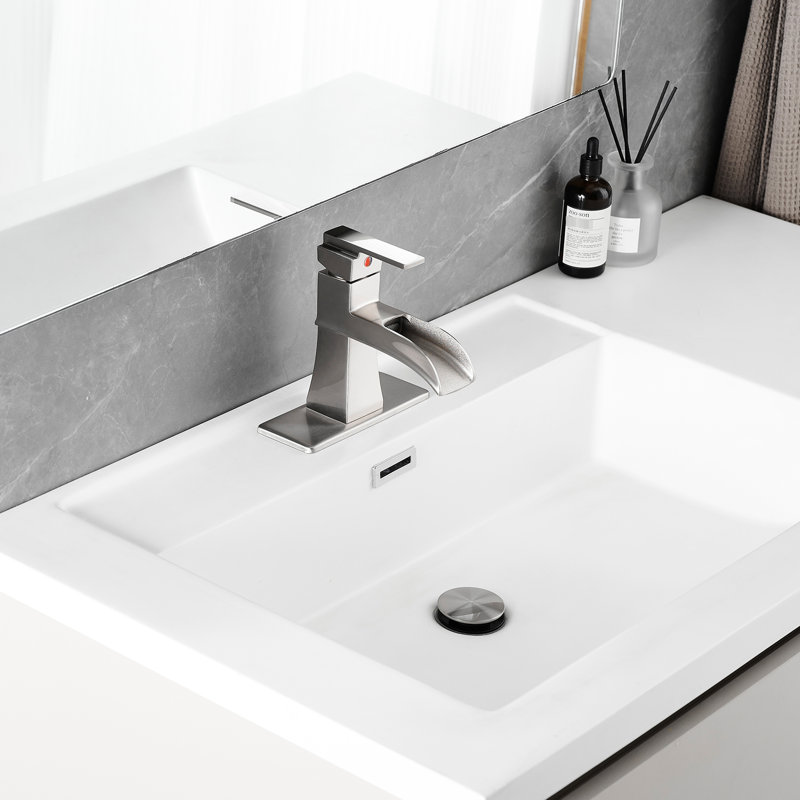 One Handle Bathroom Sink Tap, Waterfall Spout, Brushed Nickel Finish, Deck Plate, Pop Up Drain, Supply Lines, Hot And Cold Water Valve Mixer Tap Faucet, Basin Handle, Contemporary Faucet Design