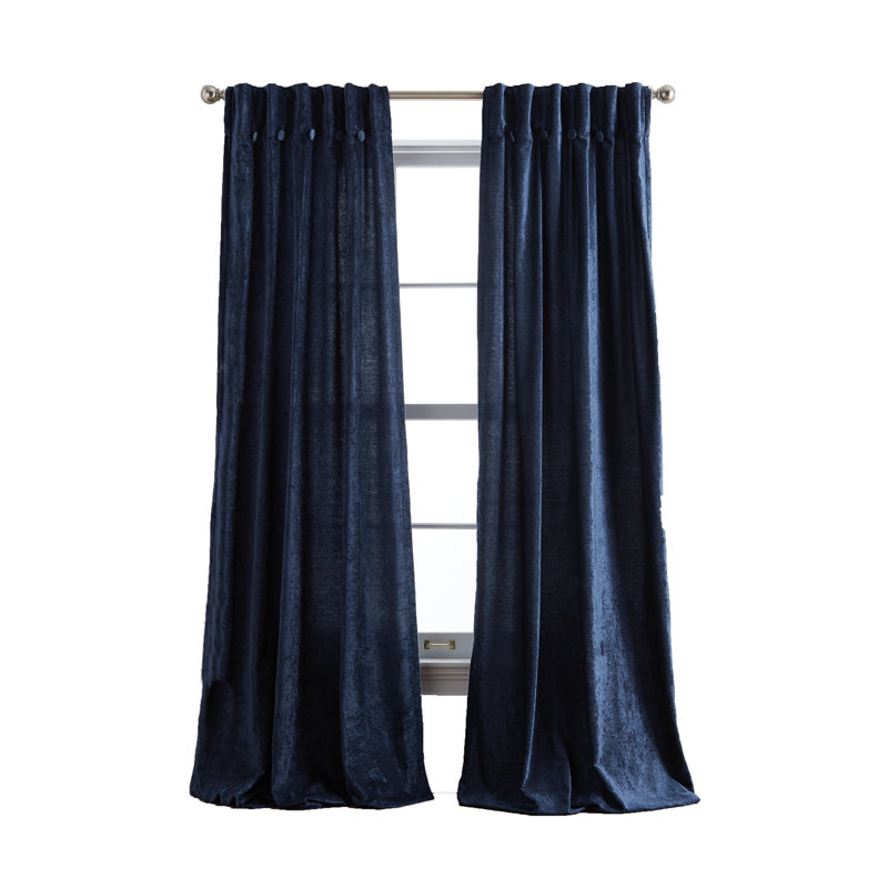 DKNY Classic Chenille Inverted Pleat W/Button Curtain Panel Pair, Indigo, 32" x 84"