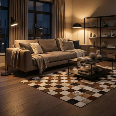 Brown And White Cowhide Rug, Geometric Checkerboard Patchwork,