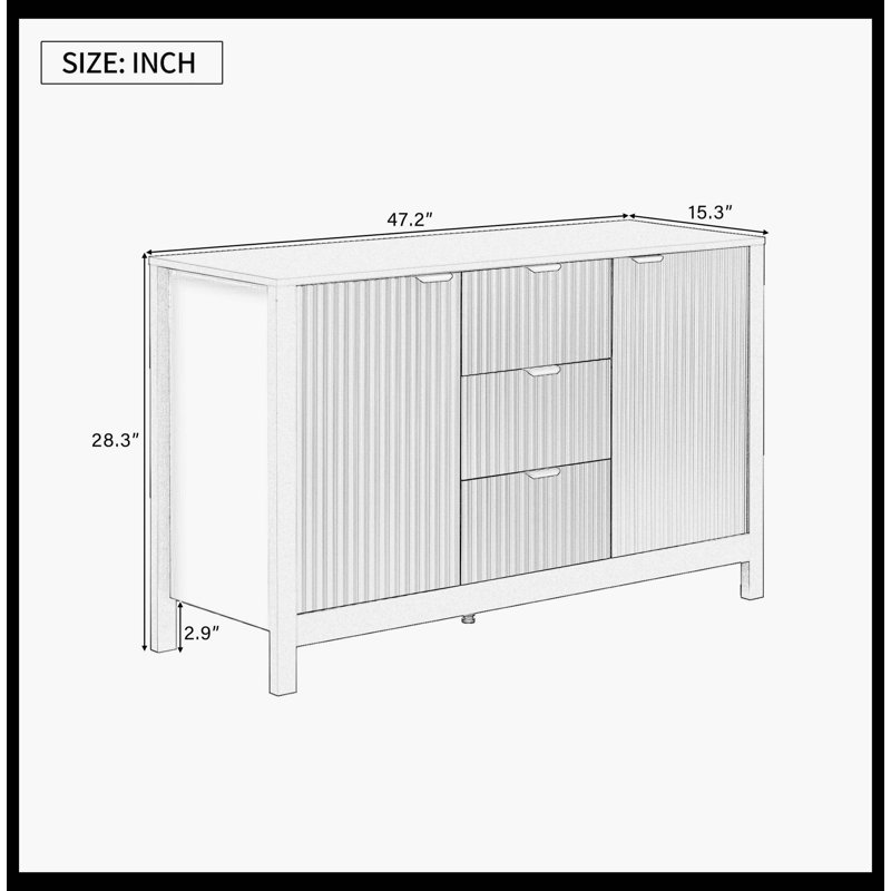 Buffet à motif ondulé - 3 tablettes réglables, 3 tiroirs et portes à fermeture en douceur, console de rangement avec poignées en métal, convient pour le bureau, le couloir et le salon, 3 couleurs
