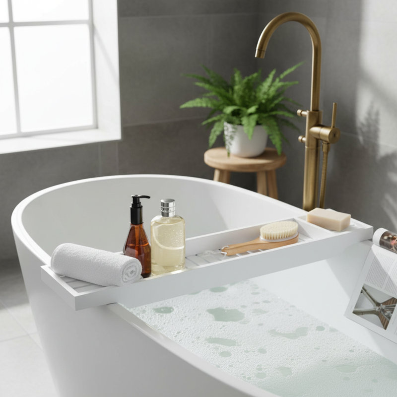 Bamboo Bathroom Accessory Tray, White