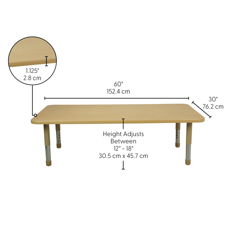 Table rectangulaire d'activités en T avec moulures totales réglables, H 18 po x l 60 po x P 30 po, Beige, Beige