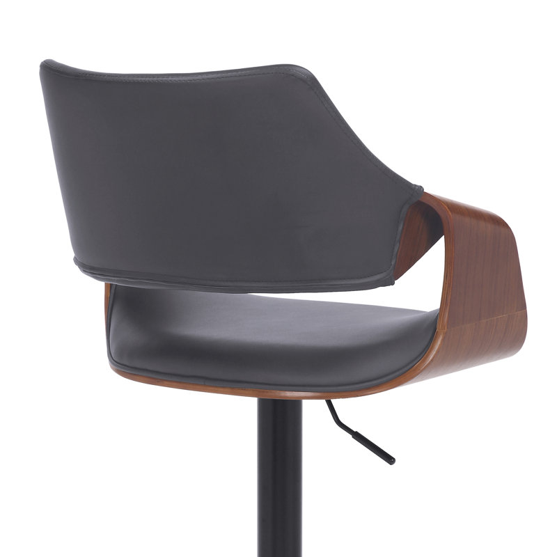 Afshar Swivel Adjustable Height Bar Stool with Pedestal Base in Faux Leather, Wood and Iron, Grey Faux Leather, Black
