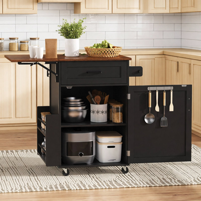 39.3" Farmhouse Kitchen Island with Drop Leaf, Kitchen Storage Island with Open Side Rack, One Drawer, Towel Rack, Rolling Kitchen Cart with Lockable Wheels for Lawn Garden, Black