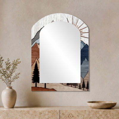 Miroir mural abstrait en forme d'arche abstraite - bleu orange, paysage audacieux, impression sur métal