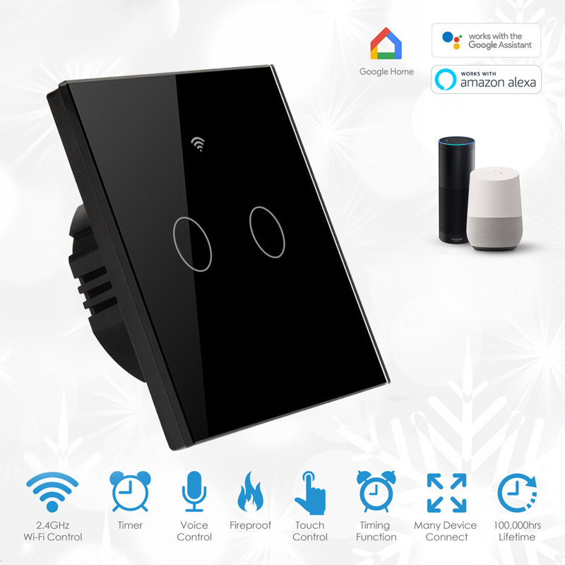 Ener - J Smart Touch 2 Gang WiFi Wall Switch No Neutral Required Black Glass 1500W