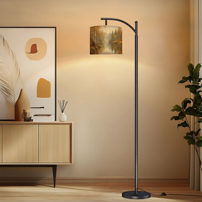 Arc Floor Lamp with Adjustable Lampshade Birch Trees Abstract Forest Branches Landscape Colorful Standing Lamp 3 Color Temperatures Dimmable Tall Pole Lamp with Foot Switch for Bedroom