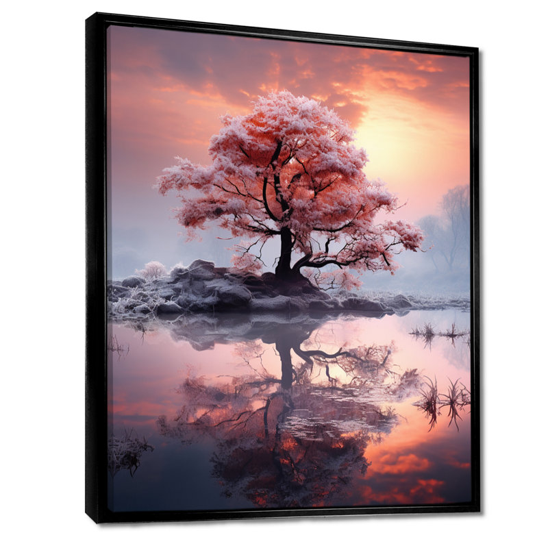 Arbre rose sur une île comme les couleurs chaudes du coucher du soleil - arbre d'hiver, décoration murale