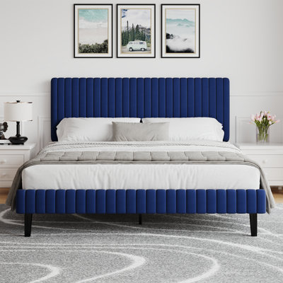 Velvet Upholstered Platform Bed Headboard and footboard with soft-padded vertical channel quilting