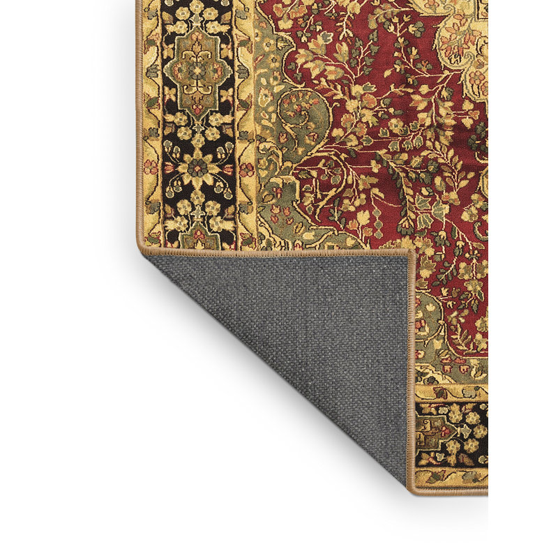 Tapis oriental en laine / polyester tissé à la machine Doshi en noir / vert / beige / rouge, Rectangle 7 pi x 10 pi