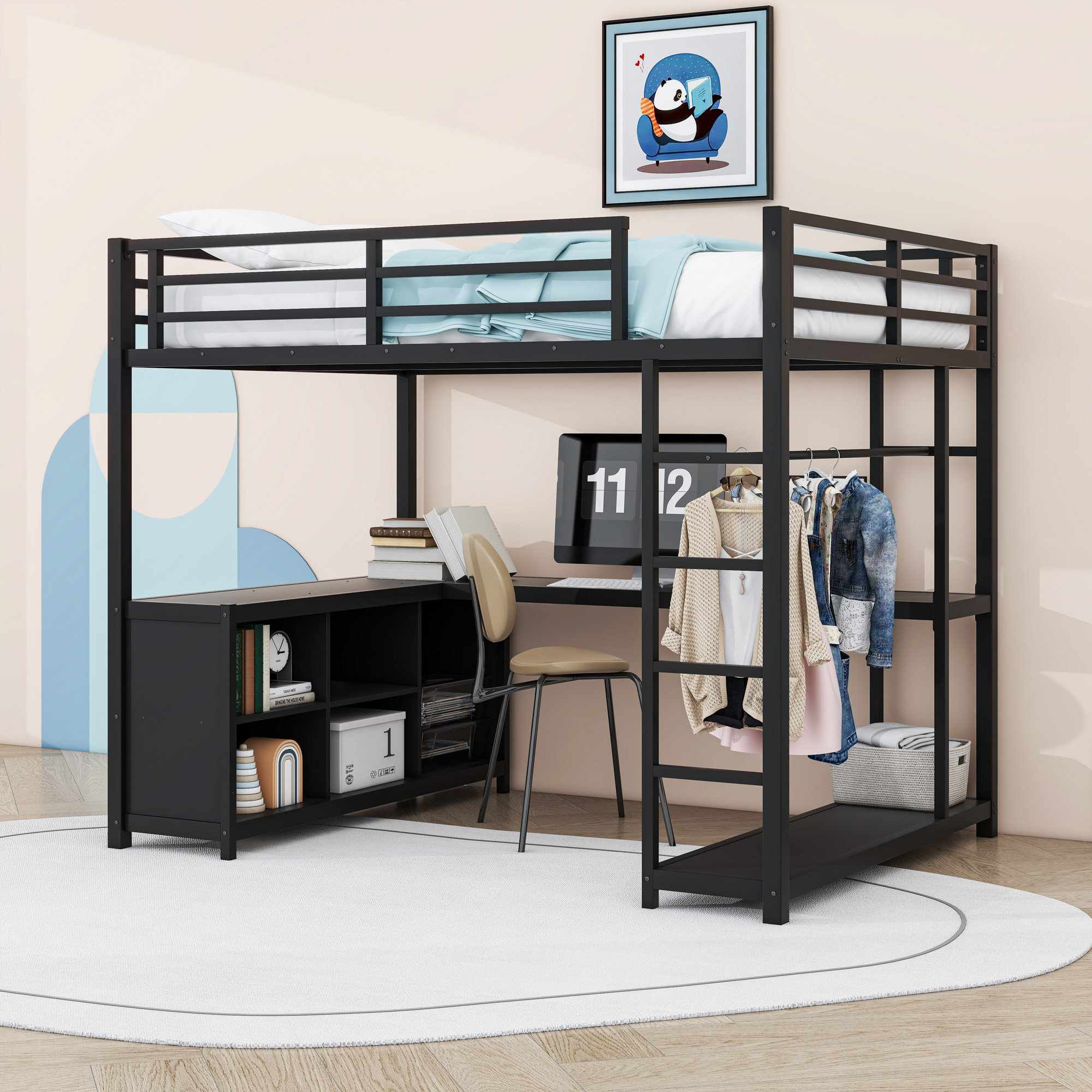 Harriet Bee Metal Loft Bed With L-Shaped Desk And Storage Shelves ...