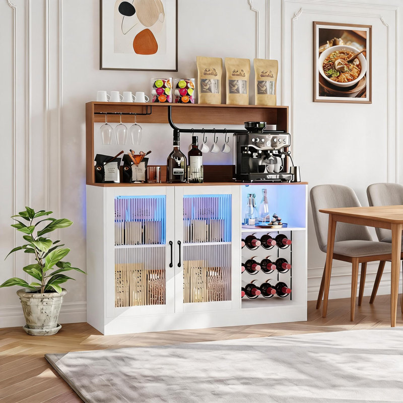 Meuble-bar à café avec casier à vin et porte-verres, Blanc / Brun
